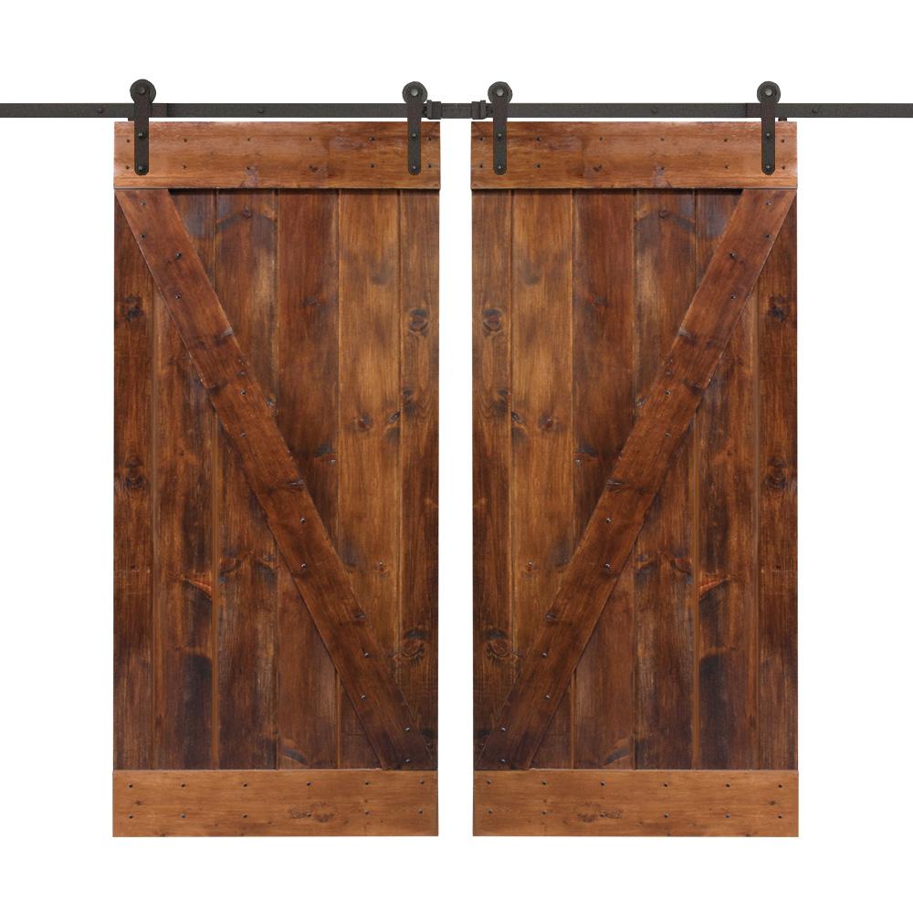 72 In X 84 In Walnut Stain Wood Double Sliding Barn Door With Hardware Kit