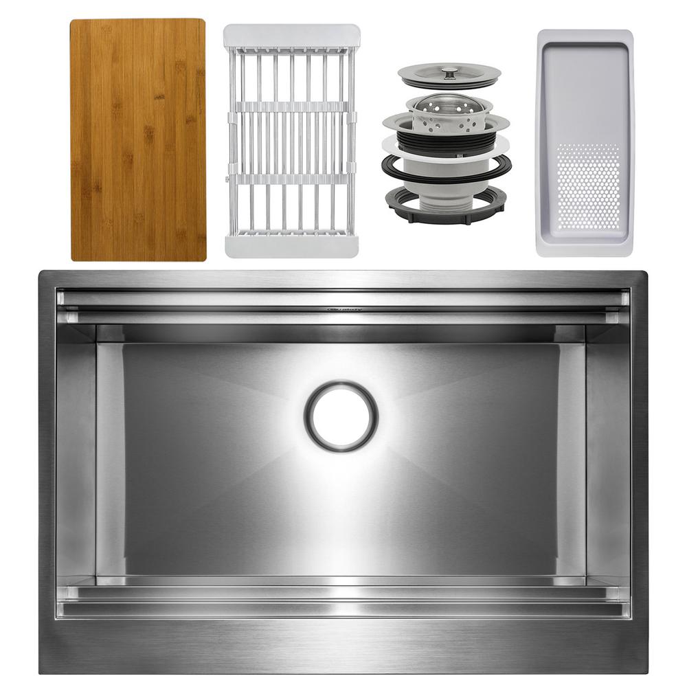 Akdy Handcrafted All In One Apron Mount 33 In X 22 In X 9 In Single Bowl Kitchen Sink In Stainless Steel With Accessories Ks0300 The Home Depot