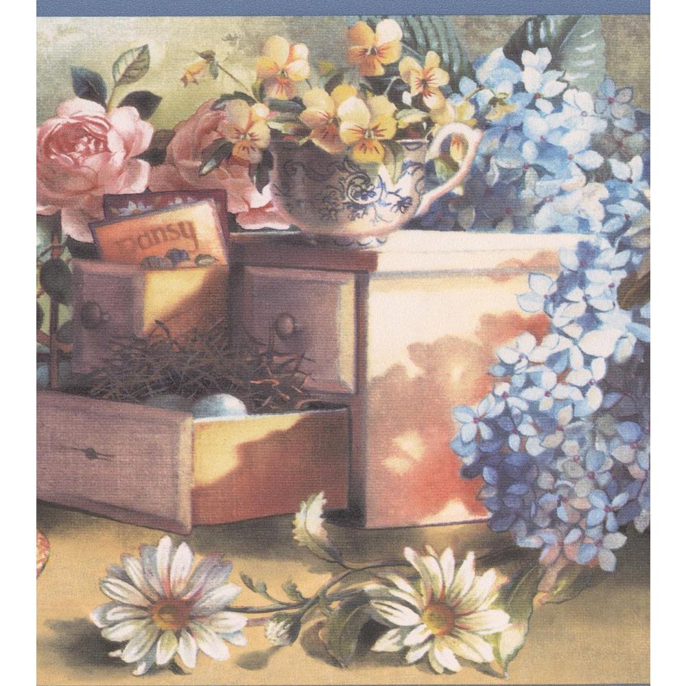 Retro Art Cottage Yard Pink Yellow Blue Flowers Hat Fence Chest