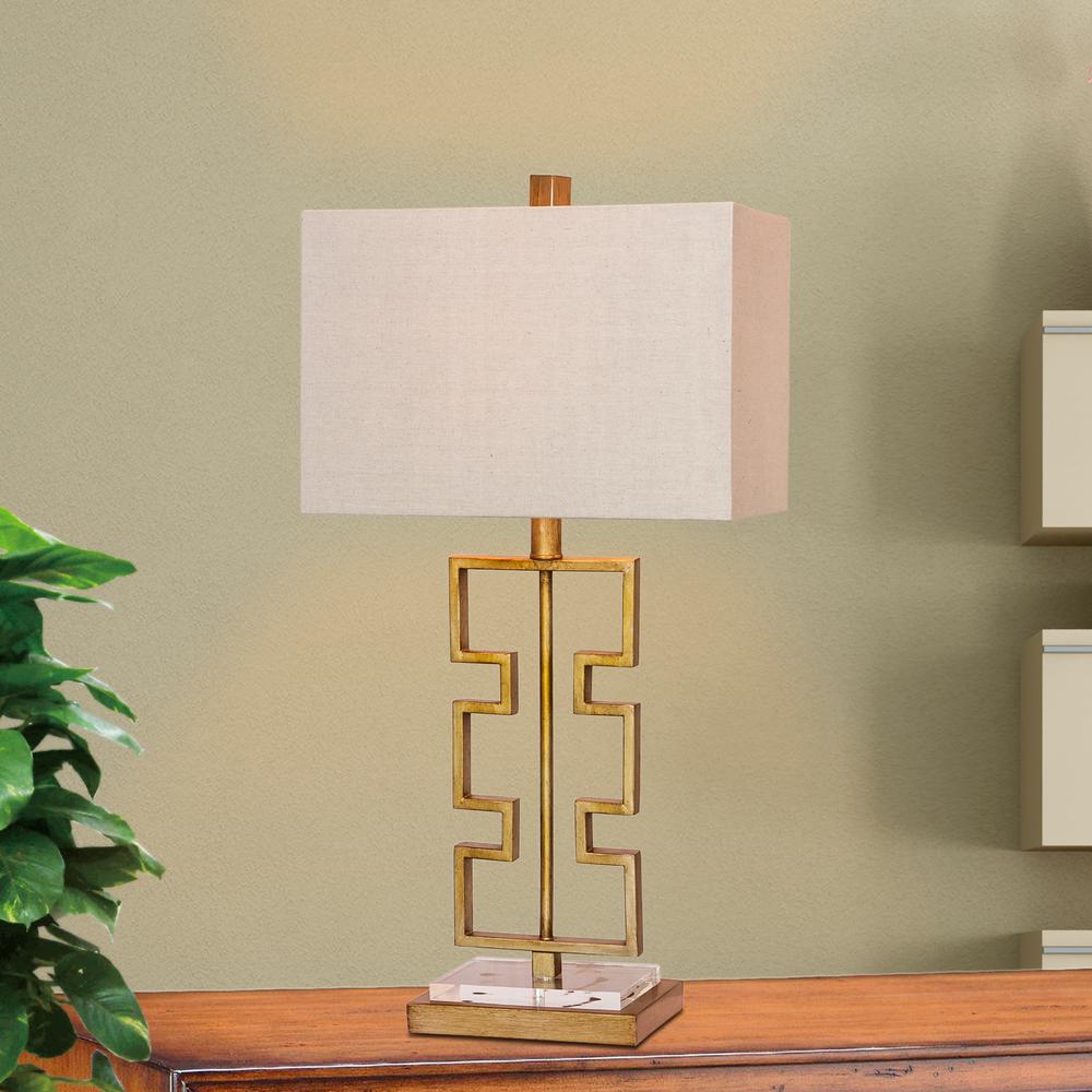 28 In Stacked Modern Cut Out Antique Gold Metal And Clear Acrylic Table Lamp