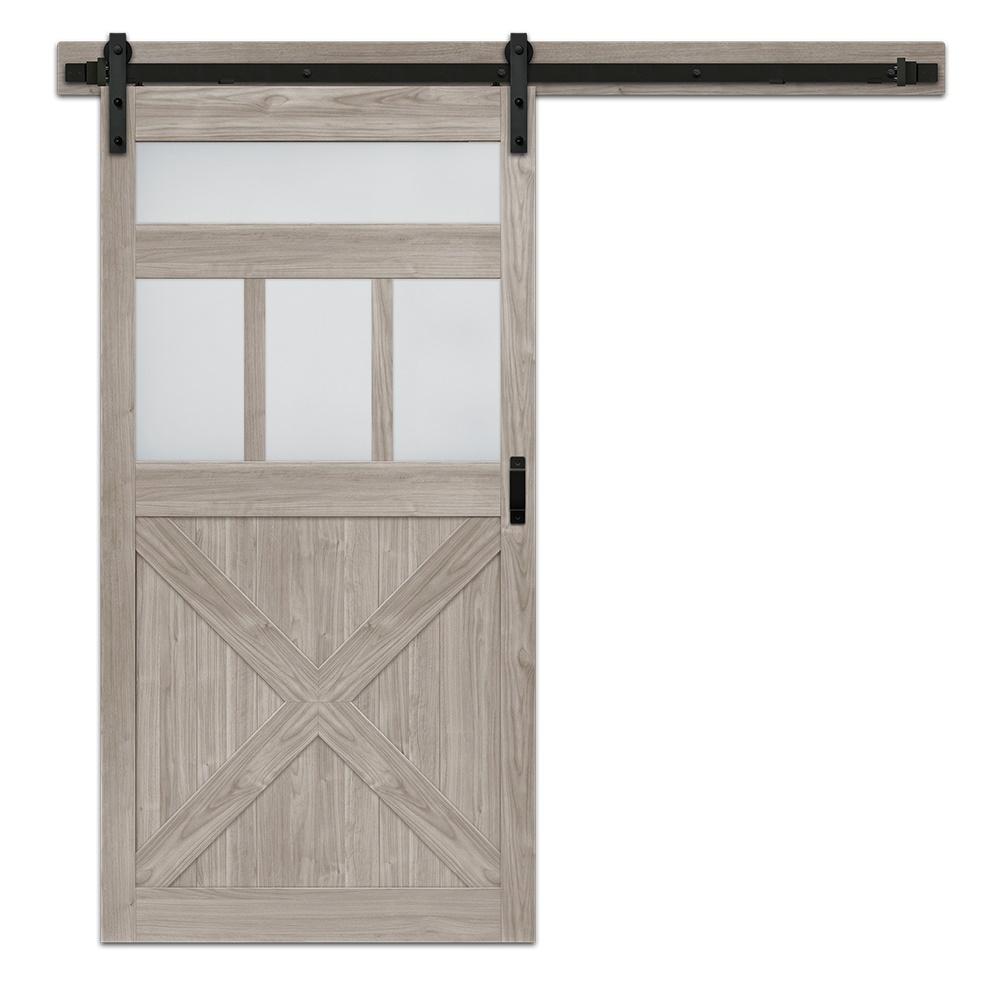 Truporte 42 In X 84 Silver Oak Mdf Frosted Gl 5 Lite Rustic Silver Oak Mdf Frosted Gl 5 Lite Rustic Barn Door With Sliding Hardware Kit Bd063w01sv1sve42084 The Home Depot