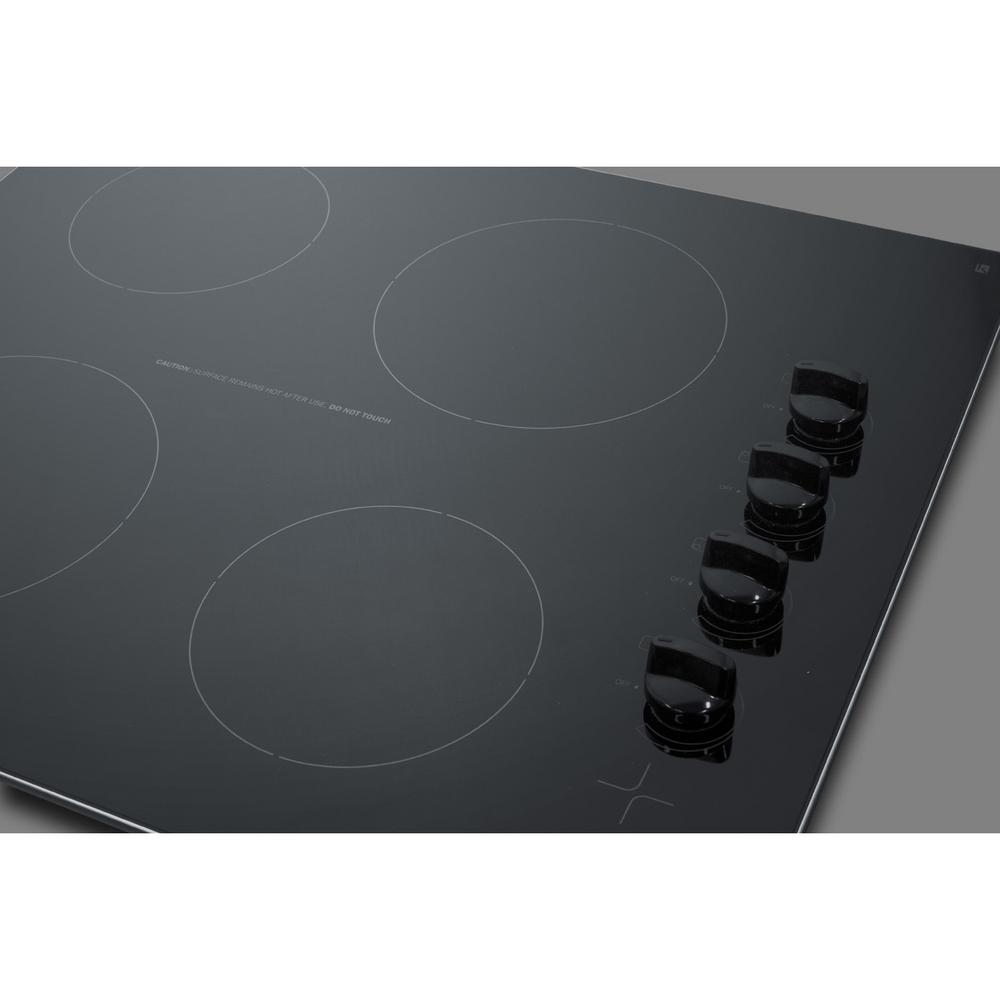 Indicator Lights Summit Appliance CR4B242BL 24 Wide 230V 4-Burner Radiant Cooktop in Smooth EuroKera Black Ceramic Glass Surface Side-mounted Control Panel Push-to-turn Knobs