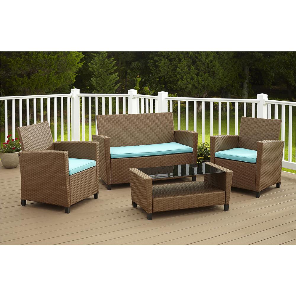 Cosco Malmo 4-Piece Brown Resin Wicker Patio Conversation Set with Blue Cushions by Cosco