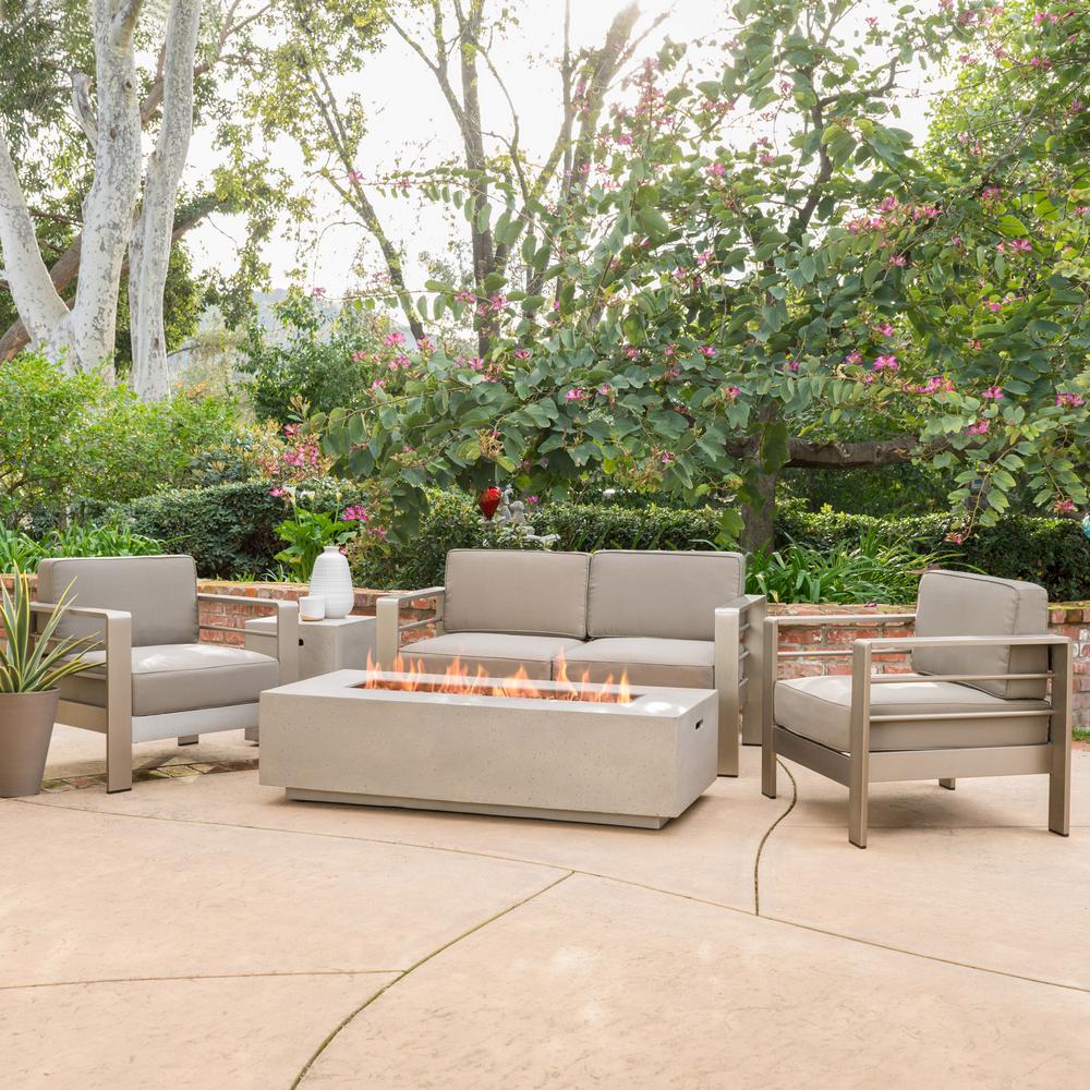 cape coral khaki 5-piece aluminum patio fire pit conversation set with  khaki cushions