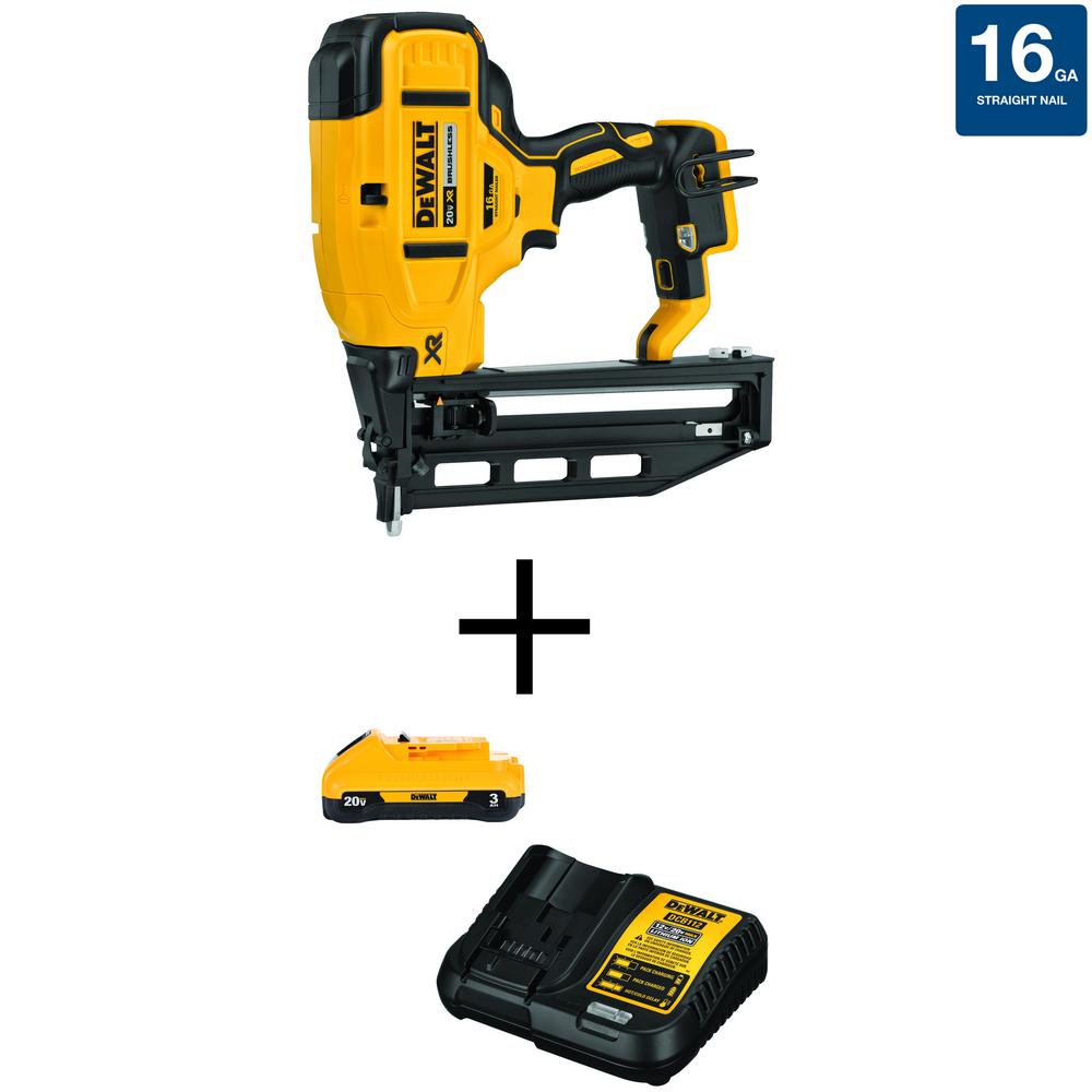 DEWALT 20V MAX XR Lithium-Ion 16-Gauge Cordless Finish Nailer, (1) 3.0Ah Battery, and Charger