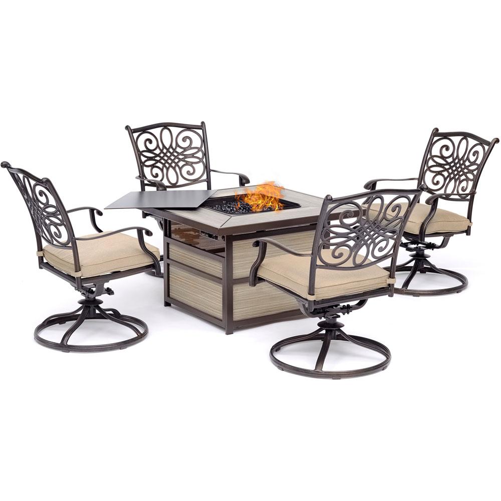 Traditions 5 Piece Aluminum Fire Pit Patio Seating Set With Tan Cushions Swivel Rockers And Fire Pit Table