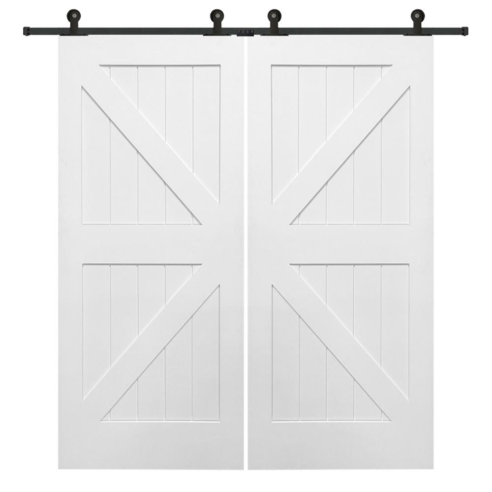 72 In X 84 Primed Composite K Plank Double Sliding Barn Door With Matte Black Hardware Kit 72 In X 84 Primed Composite K Plank Double Sliding Barn Door With Matte Black Hardware Kit