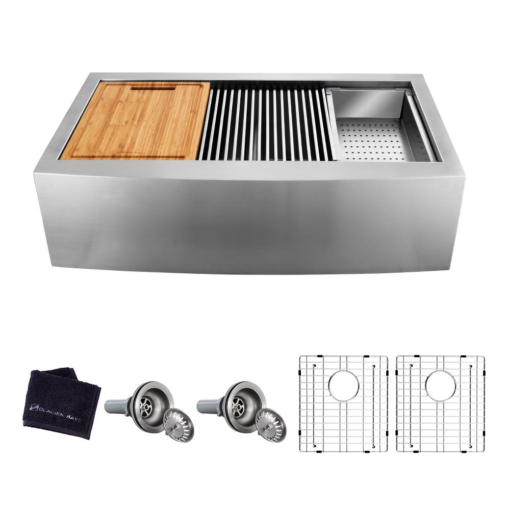Glacier Bay All In One Apron Front Farmhouse Stainless Steel 36 In 50 50 Double Bowl Workstation Sink With Accessory Kit