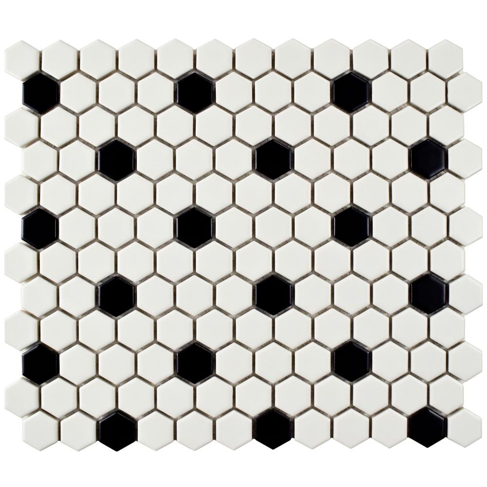 Merola Tile Metro Hex Matte White With Black Dot 10 1 4 In X 11 3 Merola Tile Metro Hex Matte White With