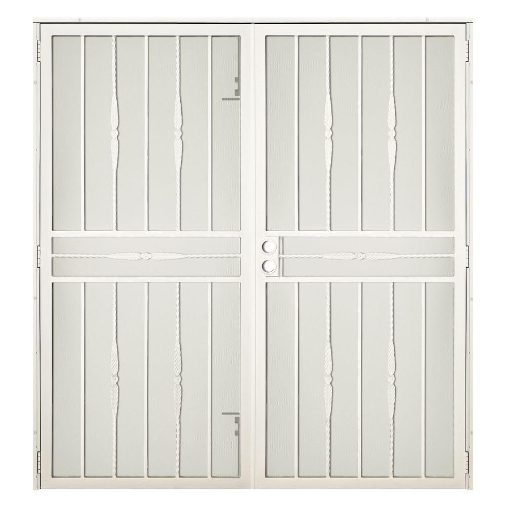 Unique Home Designs 60 In X 80 In Cottage Rose Navajo White Surface Mount Outswing Steel Security Double Door With Expanded Metal Screen