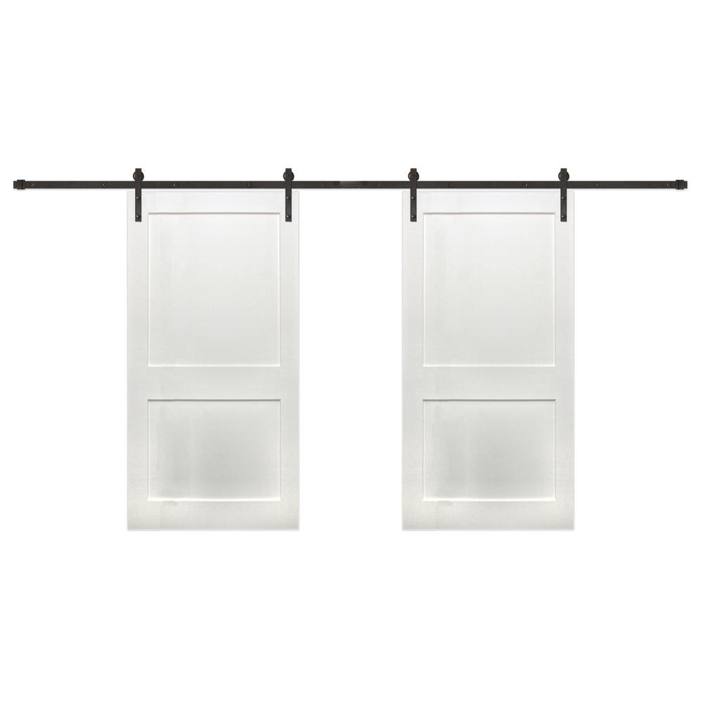 Pacific Entries 84 In X Bi Part 2 Panel Shaker Prime Wood Bi Part 2 Panel Shaker Prime Wood Sliding Barn Door With Bronze Hardware Kit