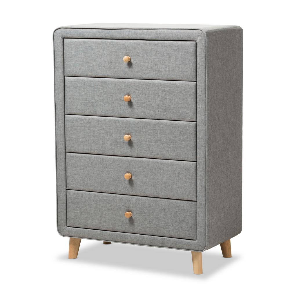 Baxton Studio Jonesy Mid Century 5 Drawer Gray Fabric Upholstered