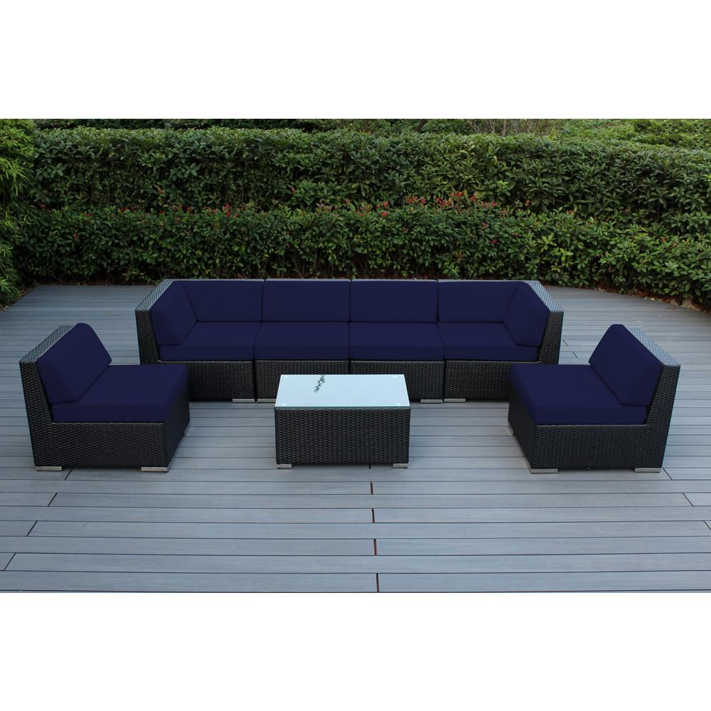 Ohana Depot Ohana Black 7 Piece Wicker Patio Seating Set With Sunbrella Navy Cushions Pn7037 Snv The Home Depot