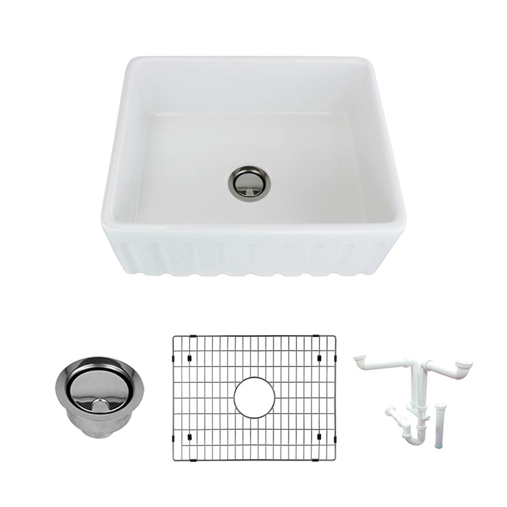 Transolid Logan All In One Farmhouse Apron Front Fireclay 24 In Single Bowl Kitchen Sink In White