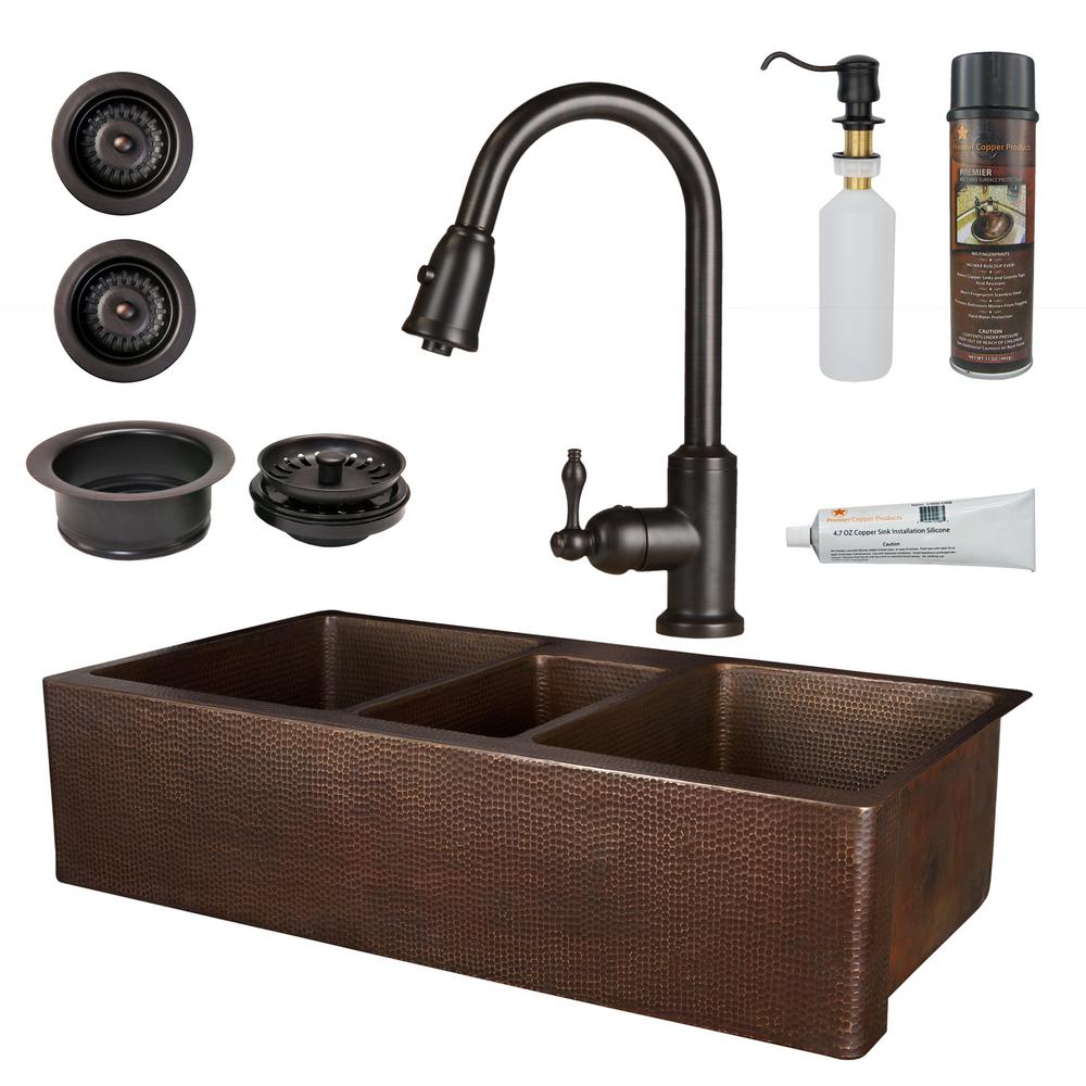 Premier Copper Products All In One Copper 42 In Triple Bowl Kitchen Farmhouse Apron Front Sink With Faucet In Orb Ksp2 Katdb422210 The Home Depot