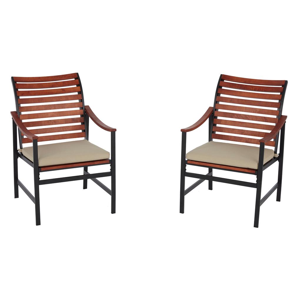 Hampton Bay Plaza Mayor Stationary Wood Outdoor Dining Chair with Cream Cushion (2Pack)HD17551