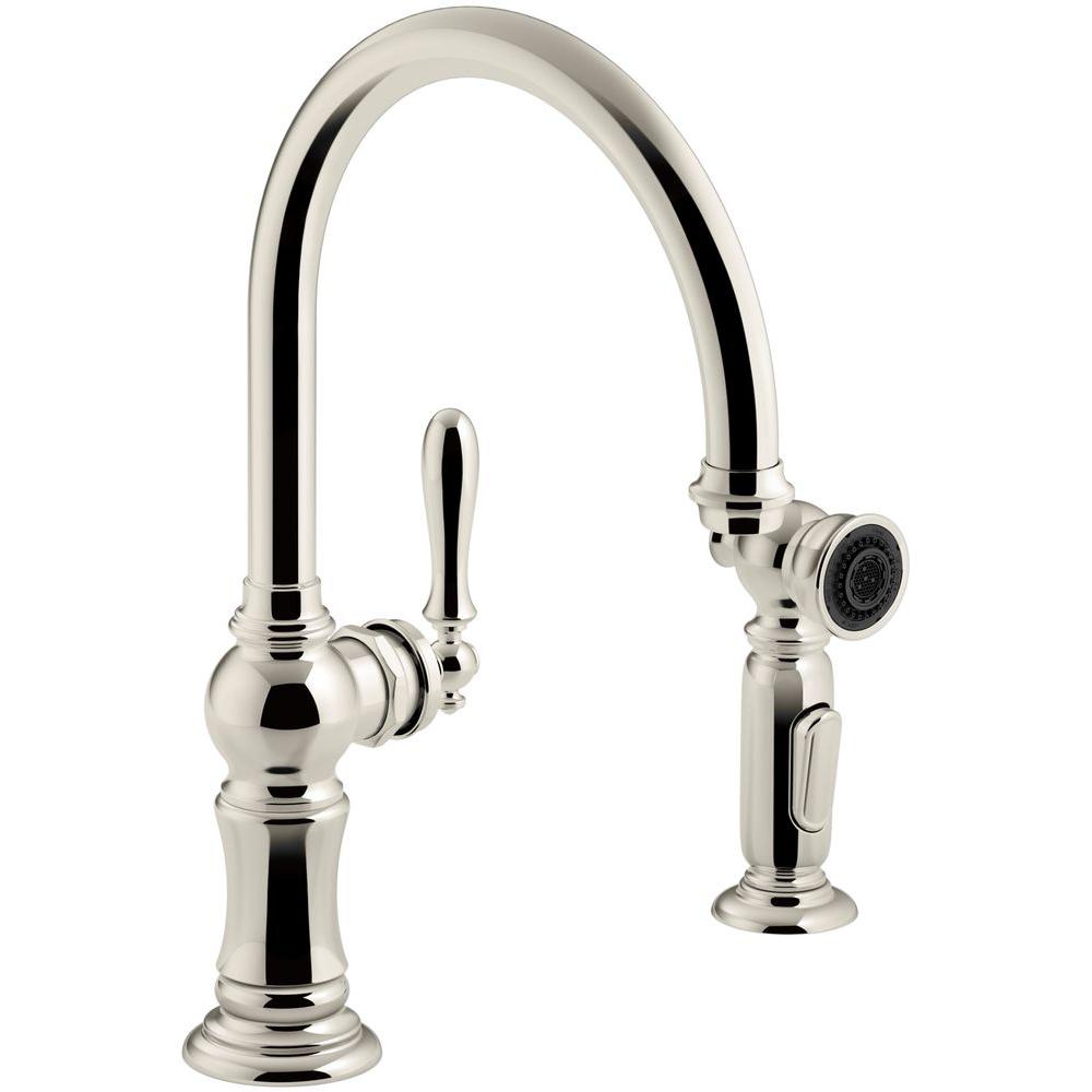 Kohler Artifacts Single Handle Kitchen Faucet With Swing Spout And Side Sprayer In Vibrant Polished Nickel K 99262 Sn The Home Depot