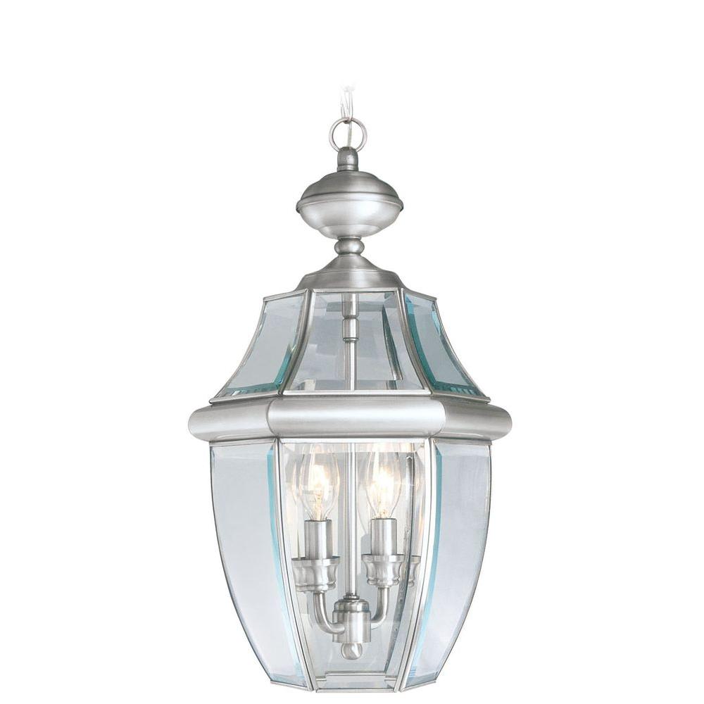 Chrome Hardwired Outdoor Ceiling Lighting Providence Collection 2 Light Brushed Nickel With Clear Beveled Glass Outdoor Pendant