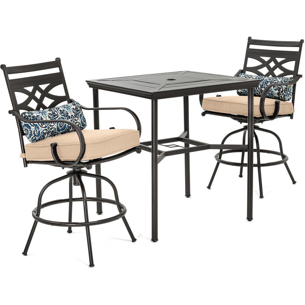 Hanover Montclair 3 Piece Metal Outdoor Bar Height Dining Set With Country Cork Cushions Swivel Rockers And Table