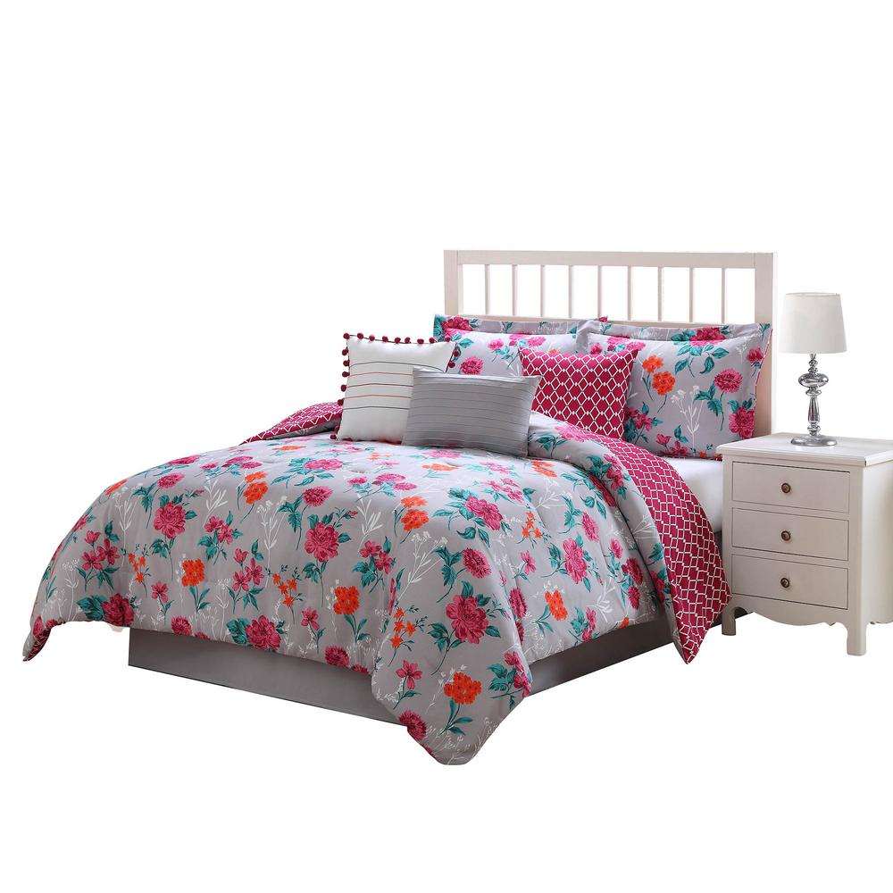 Kimley 7 Piece Pink Orange Teal Grey King Comforter Set Ymz007600