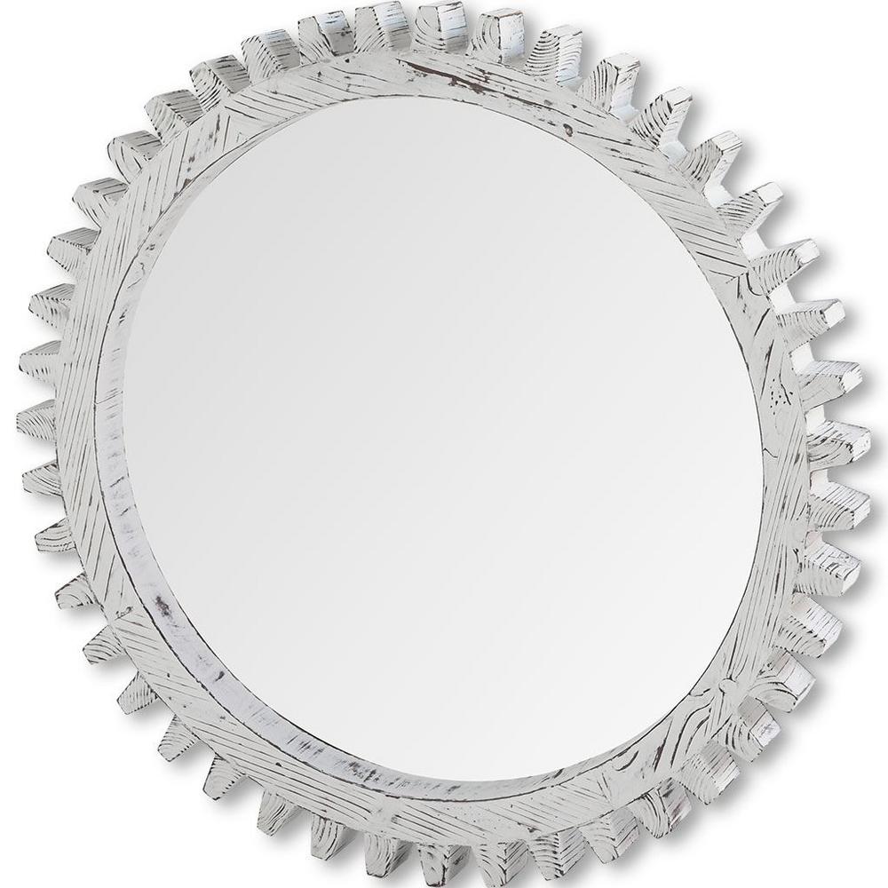 Sun Cog I White 35 Round Industrial Wooden Wall Mirror