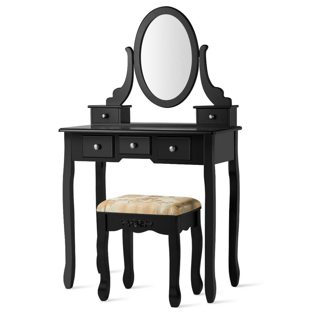 Costway 5 Drawer Vanity Table Set Dressing Table Set Make Up Table And Stool Set Black Hw61534bk The Home Depot