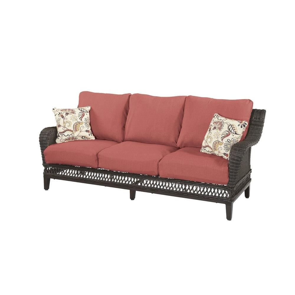 Hampton Bay Woodbury Wicker Outdoor Patio Sofa with Chili Cushion-DY9127-S-R - The Home Depot