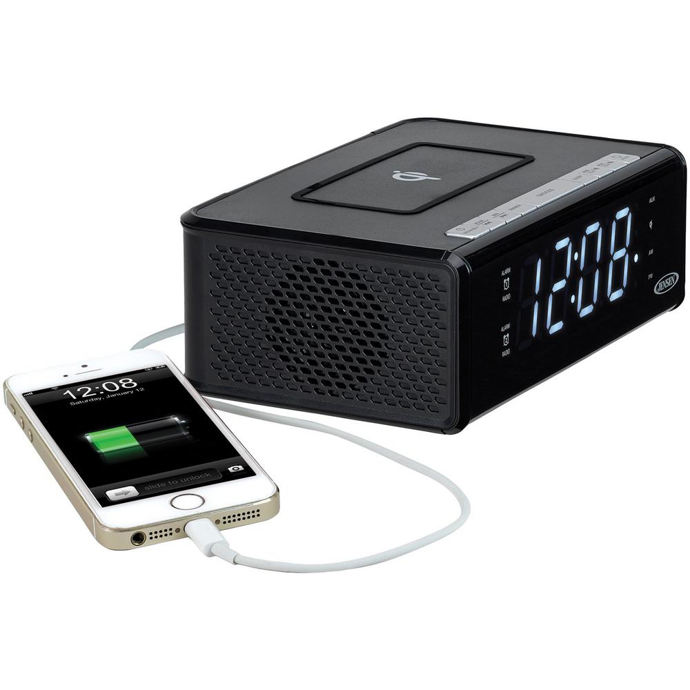 Jensen Black Dual Alarm Clock Radio With Qi Charging Qicr 200 The Home Depot