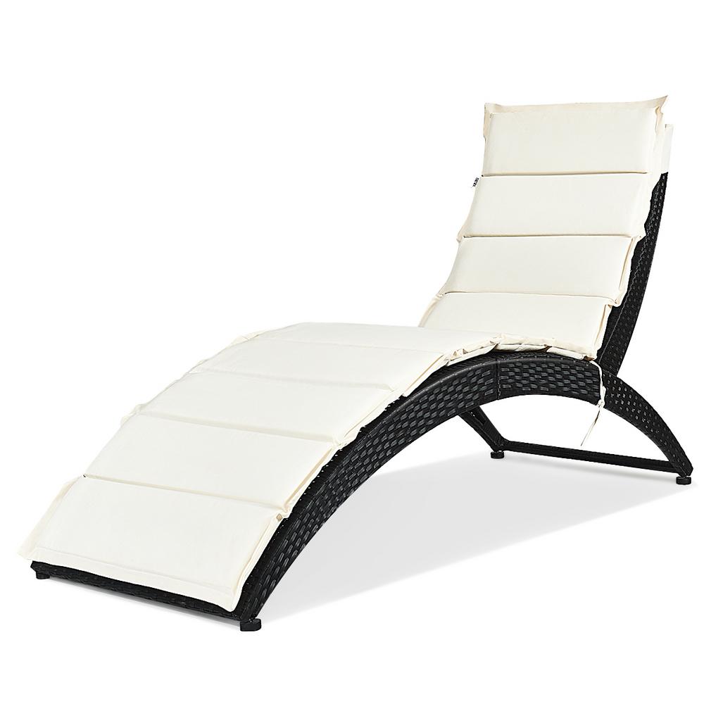 Black Rattan Wicker Folding Outdoor Chaise Lounge Chair with White CushionHW63199 The Home Depot