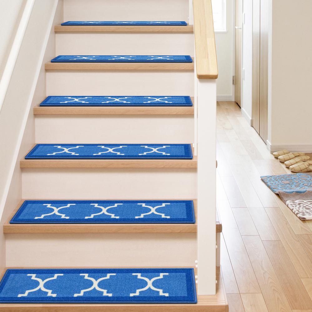 Well Woven Kings Court Brooklyn Trellis Blue Modern Lattice Rubber Back Non Skid 9 In X 31 In Stair Tread Cover Set Of 7 6516 Ste The Home Depot