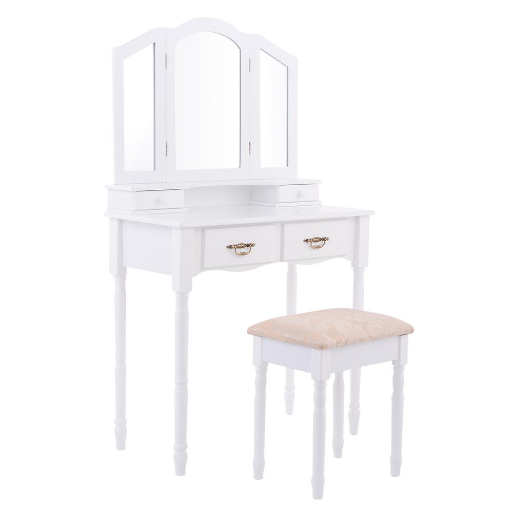 Costway 3 Piece White Bedroom Set Tri Folding Mirror Vanity Makeup Table Stool Set Home Furni With 4 Drawers Hw54073wh The Home Depot