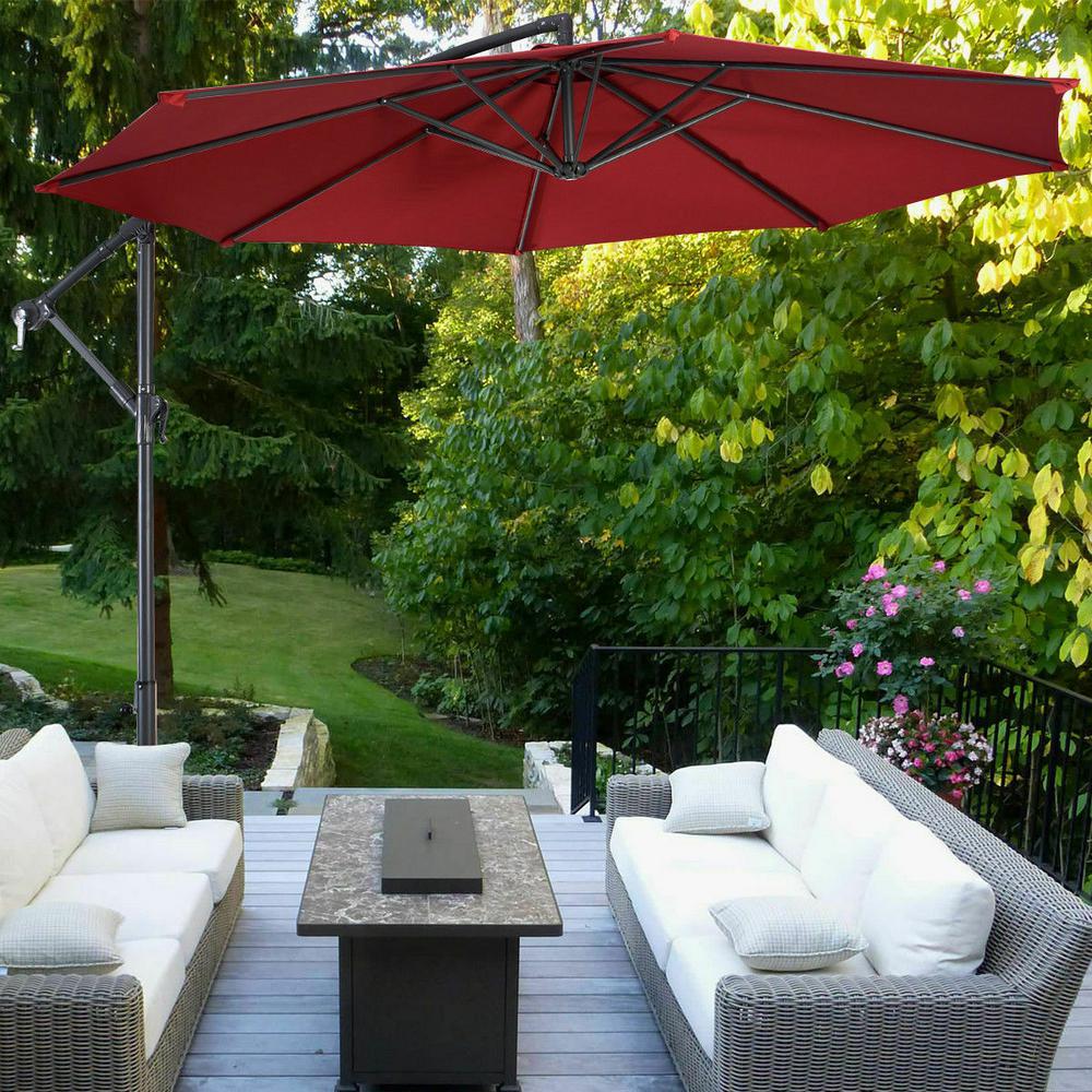 Costway 10 Ft Hanging Umbrella Patio Sun Shade Offset Outdoor Market With Cross Base In Burgundy Op2808bug The Home Depot