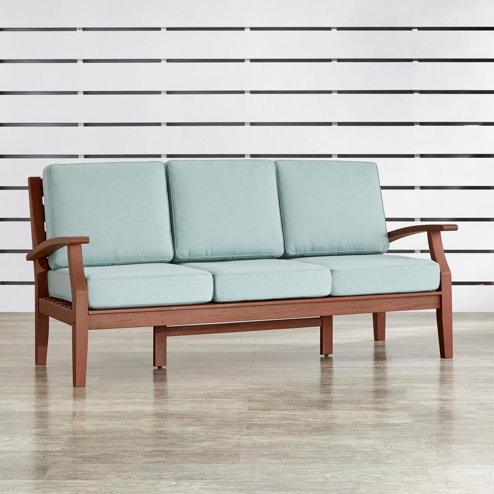 Wood Patio Furniture Blue Outdoor Sofas Lounge Verdon Gorge Brown 1 Piece Oiled Wood Outdoor Sofa With Sunbrella Blue Cushions