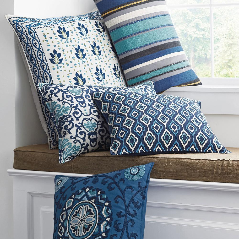 The Company Store Embroidered Decorative Pillow Cover in Blue Scroll, 16 in. x 24 in. 50079