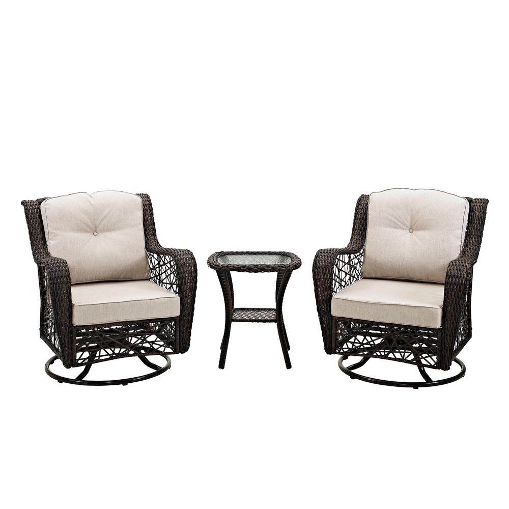 Walker Edison Furniture Company 3 Piece Wicker Outdoor Dining Set With White Cushions