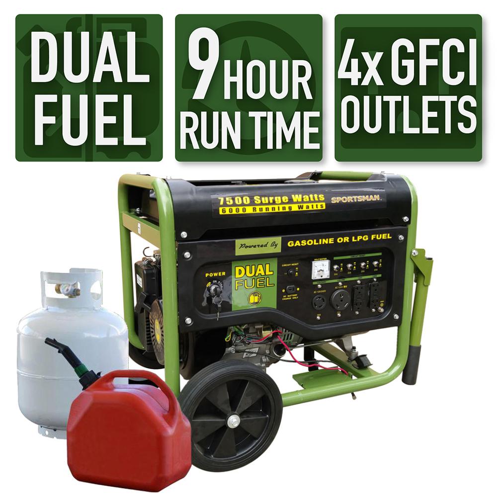 Sportsman 7 500 6 000 Watt Dual Fuel Powered Portable Generator With Electric Start And Runs On Lpg Or Regular Gasoline Gen7500df The Home Depot