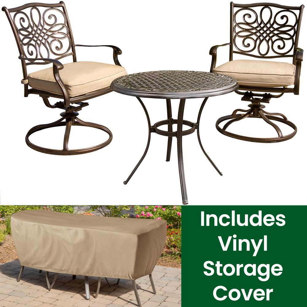 Hanover Traditions 3 Piece Aluminum Round Outdoor Bistro Set With Swivel Rockers Cover And Natural Oat Cushions Included