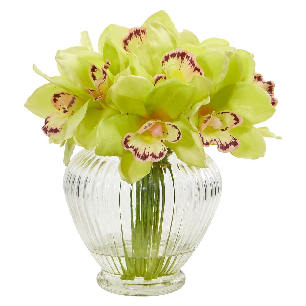 Nearly Natural Indoor Cymbidium Orchid Artificial Arrangement In Glass Vase 1802 Gr The Home Depot