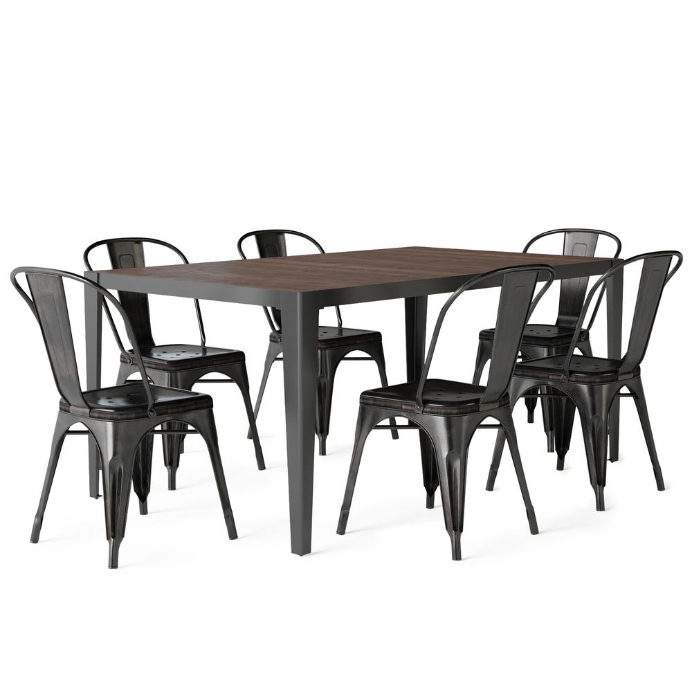 Brooklyn Max Keiran Ii 7 Piece 66 In Wide Industrial Distressed Black And Copper Dining Set With 6 Metal Dining Chairs Bmds7fendbl The Home Depot