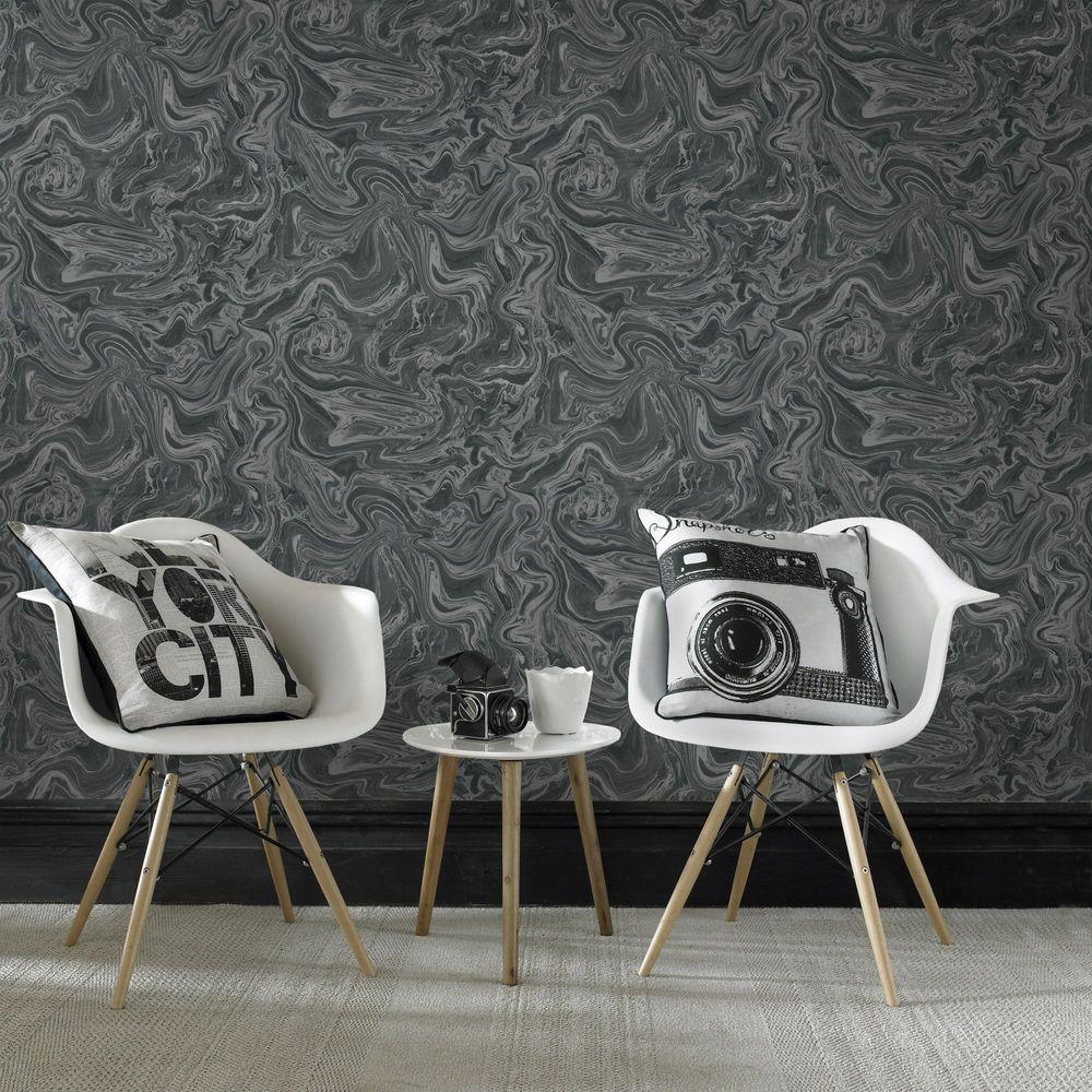 Graham & Brown Black and Gray Marbled Removable Wallpaper100518 The
