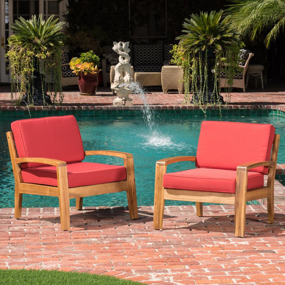 Noble House Teak Finish Wood Outdoor Lounge Chairs With Red Cushion 2 Pack