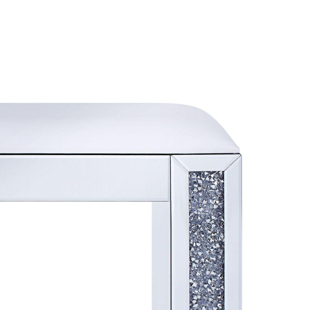 Benjara Wood And Mirror White And Clear Vanity Stool With Leatherette Upholstered Seat Bm196010 The Home Depot