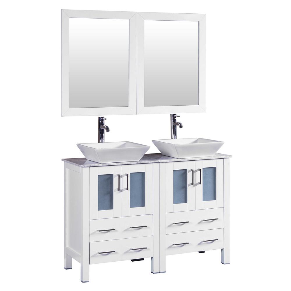 Bosconi 48 In W Double Bath Vanity White With Carrara Marble Top Basin And Mirror