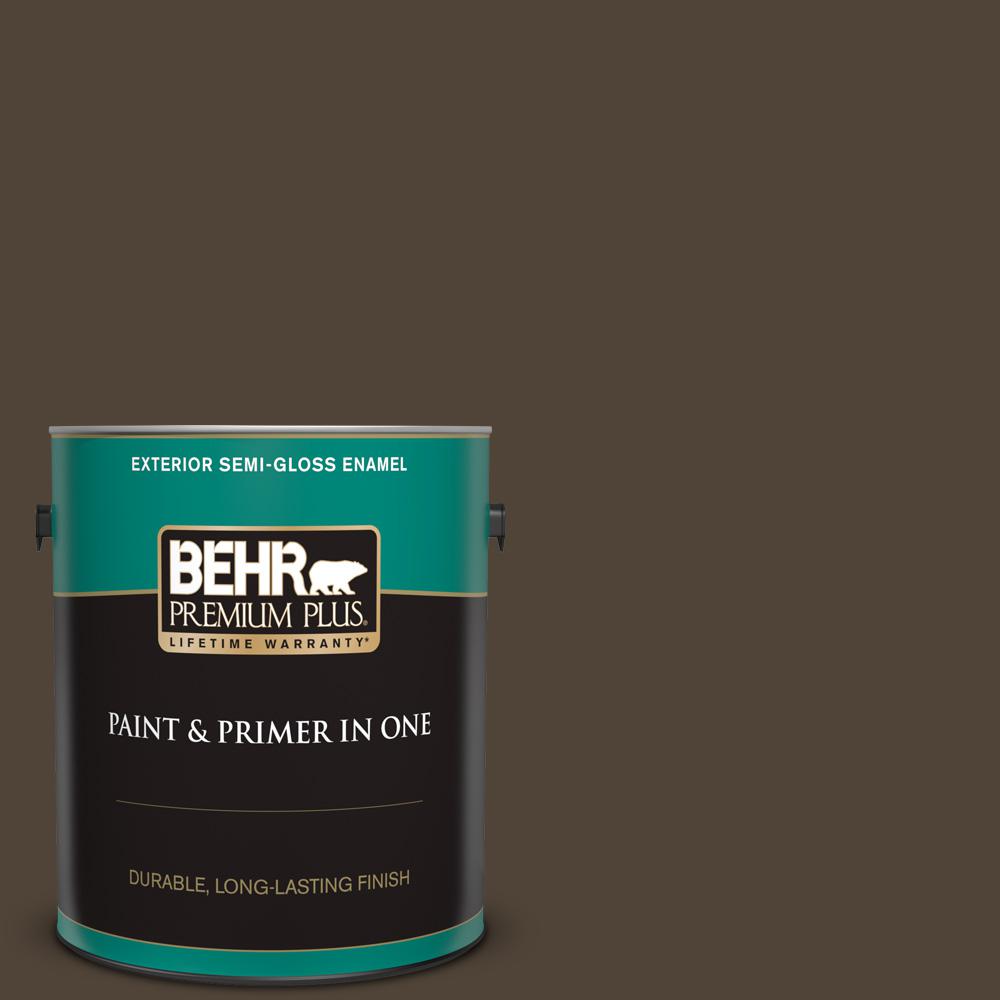 BEHR PREMIUM PLUS 1 gal. 790B7 Bitter Chocolate SemiGloss Enamel Exterior Paint and Primer in
