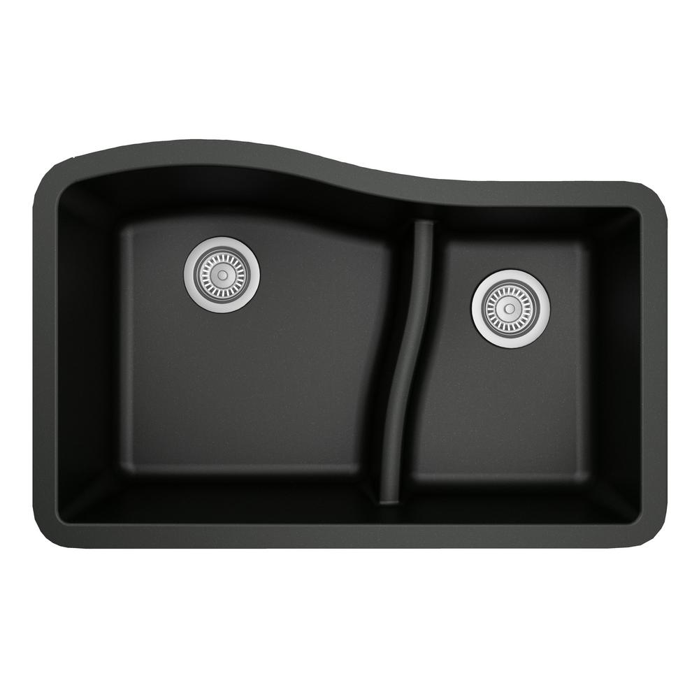 Karran Undermount Quartz Composite 32 In 60 40 Double Bowl Kitchen Sink In Black Qu 630 Bl The Home Depot