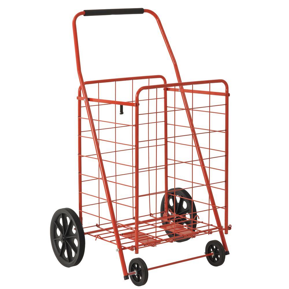 Folding Utility Cart Rolling Shopping Grocery Basket Wheel Red Liner