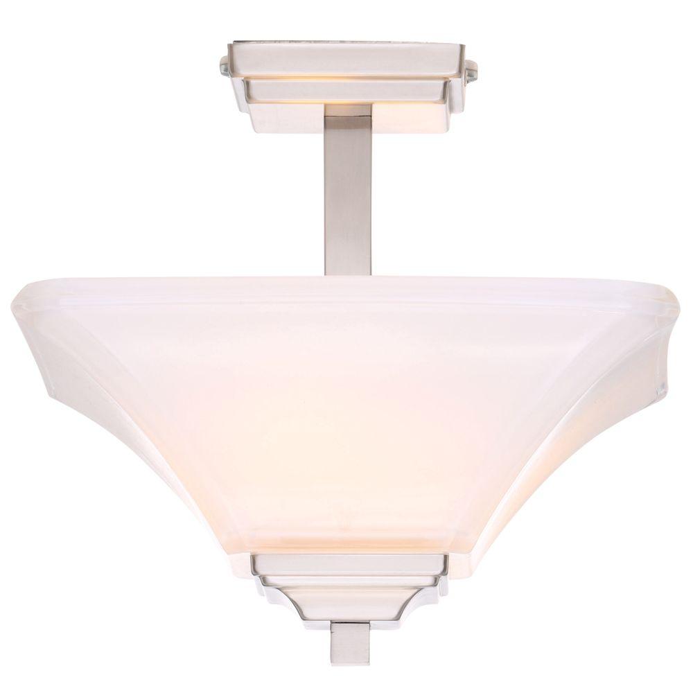 Hampton Bay Nove 13 In 2 Light Brushed Nickel Square Semi Flush Mount With White Glass Shade