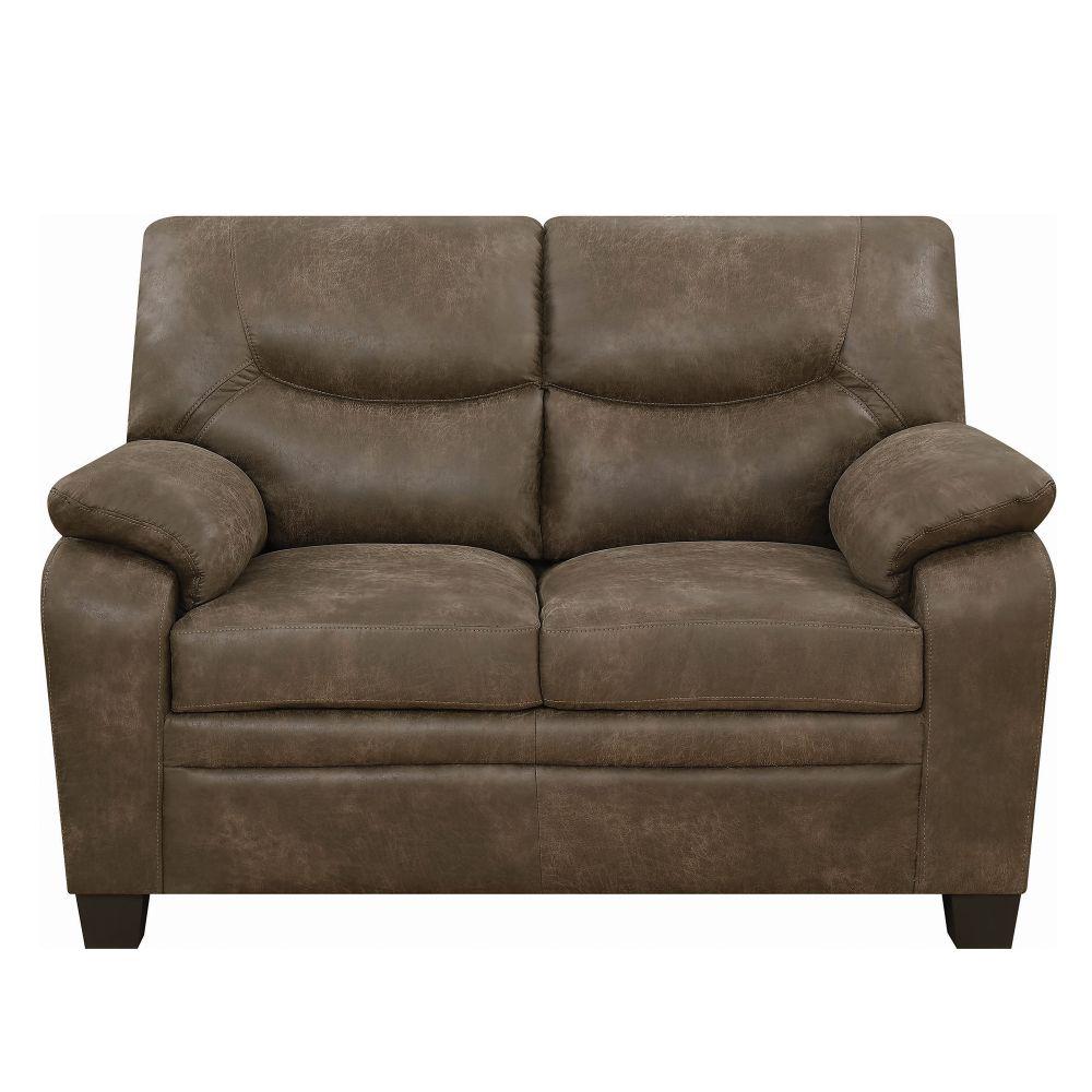 Benjara Transitional Brown Microfiber Fabric And Wood Love Seat Transitional Brown Microfiber Fabric