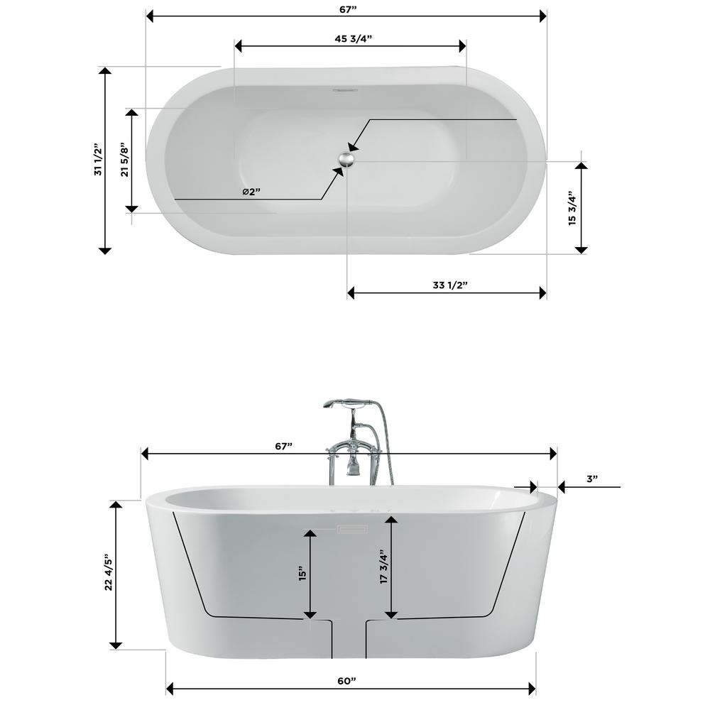 Ariel 67 In Acrylic Center Drain Oval Flat Bottom Freestanding Ariel 67 In Acrylic Center Drain Oval