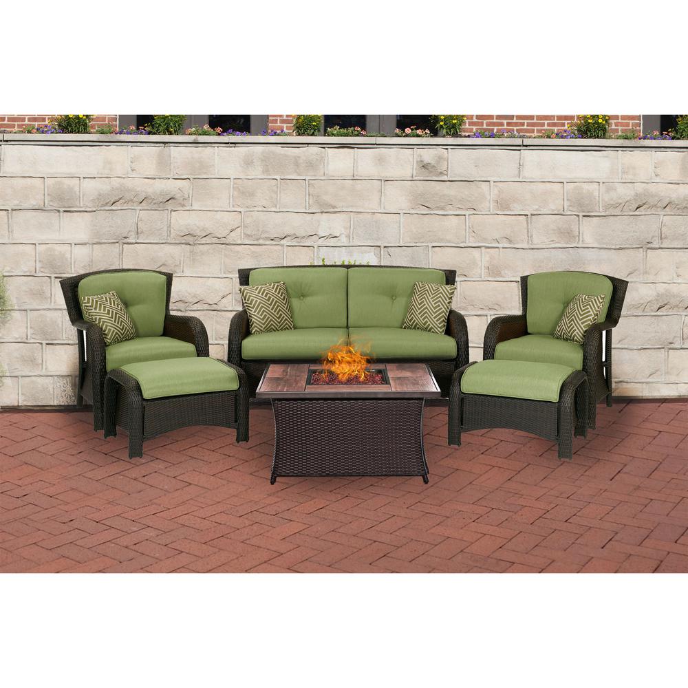Envelor Hanover Strathmere 6 Piece Steel Patio Fire Pit Conversation Hanover Strathmere 6 Piece Steel Patio Fire Pit Conversation Set With Cilantro Green Cushions